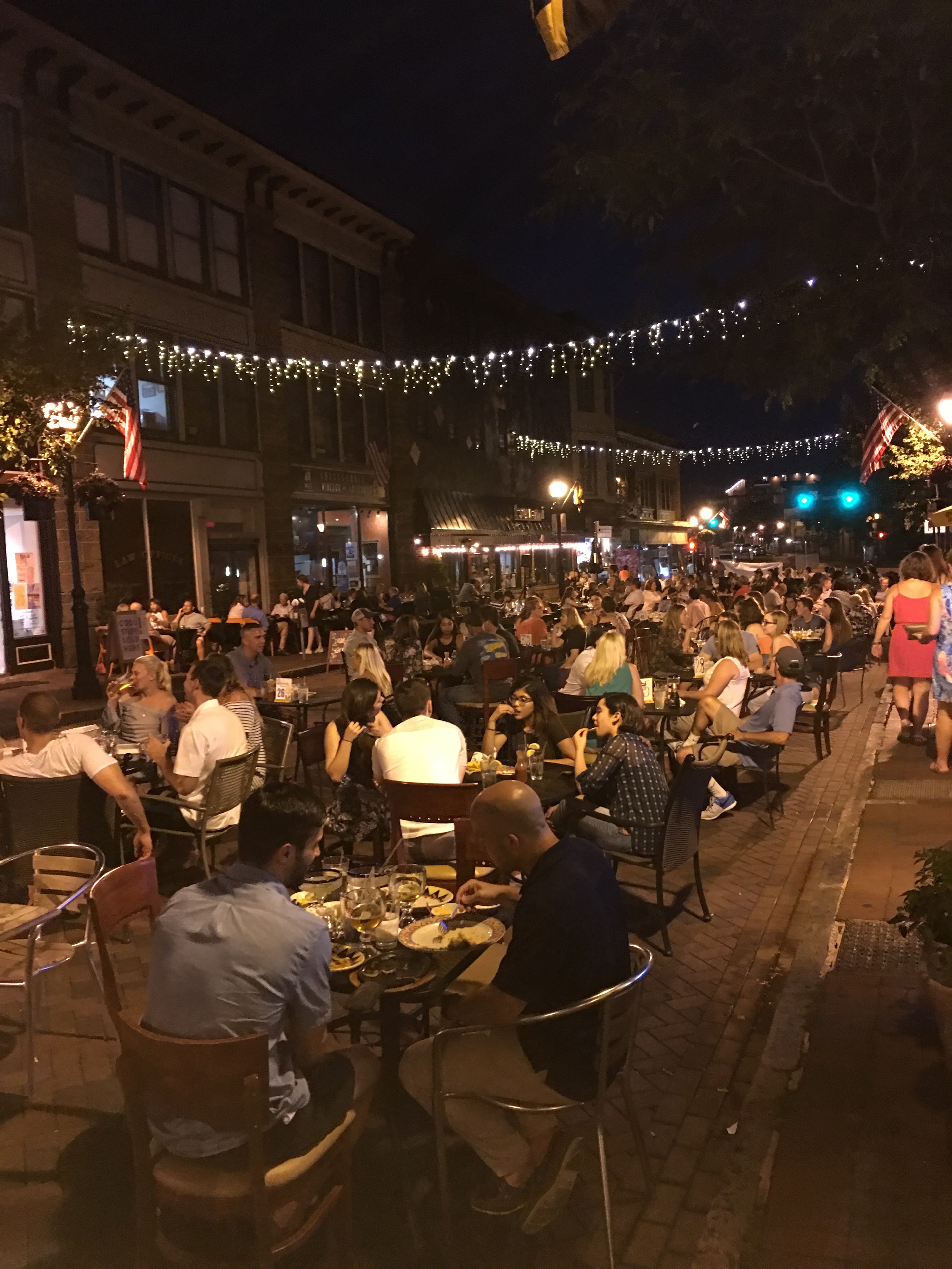Crowded outdoor street dining night celebration