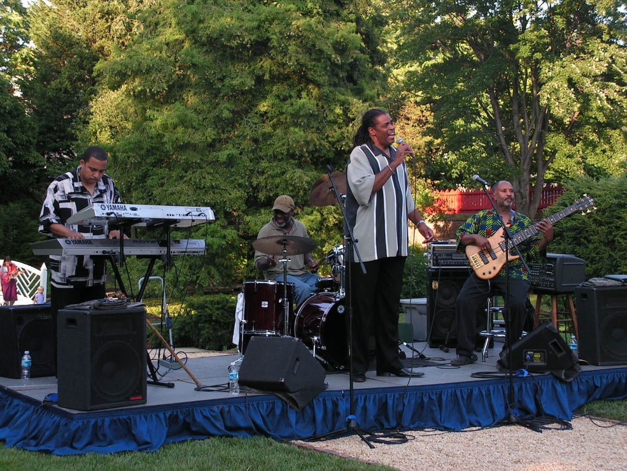 Band performing outdoors at garden venue