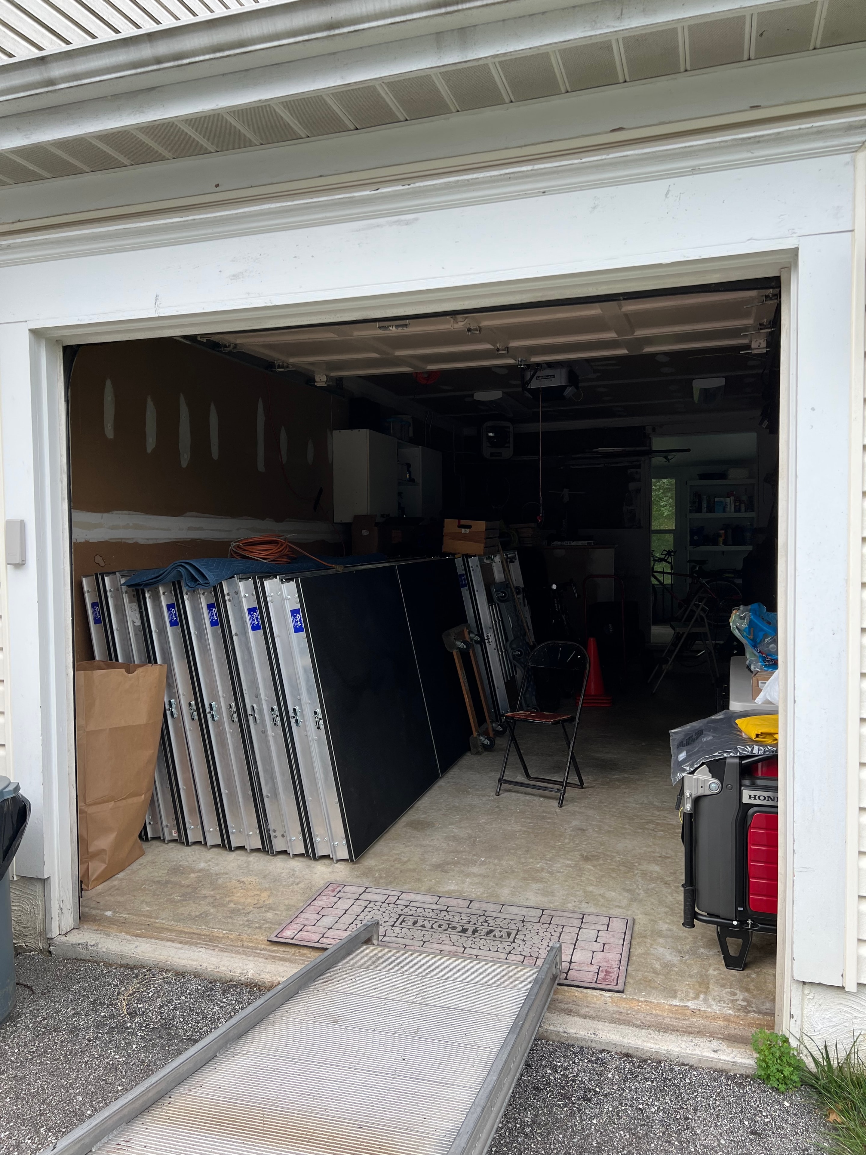 Stage equipment stored in garage